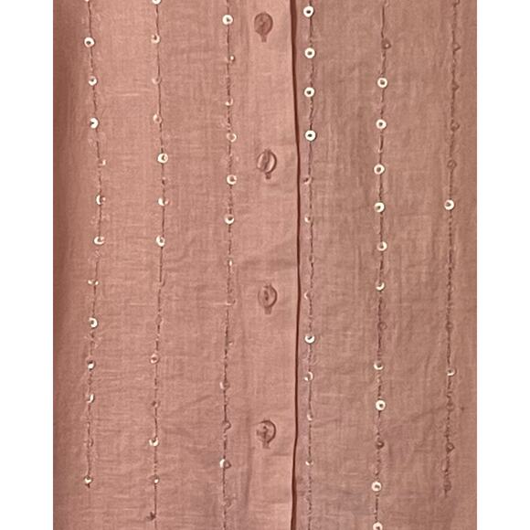 Anne Carson Blouse Womens Size 1X Pink Linen Button Up Front Sequins Side Slits - Picture 6 of 7